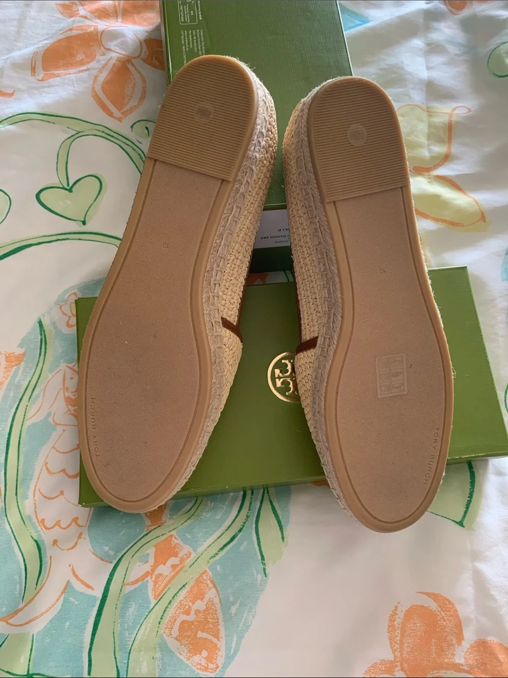 Tory Burch Natural Raffia Espadrille Flats with Brown Logo Trim  Size 10
